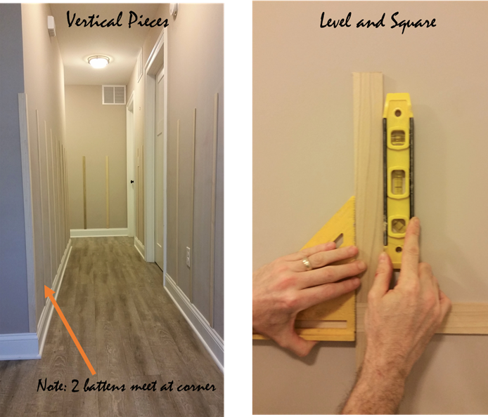 Use a level and triangle square to make sure board and batten is straight and level